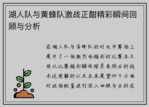 湖人队与黄蜂队激战正酣精彩瞬间回顾与分析